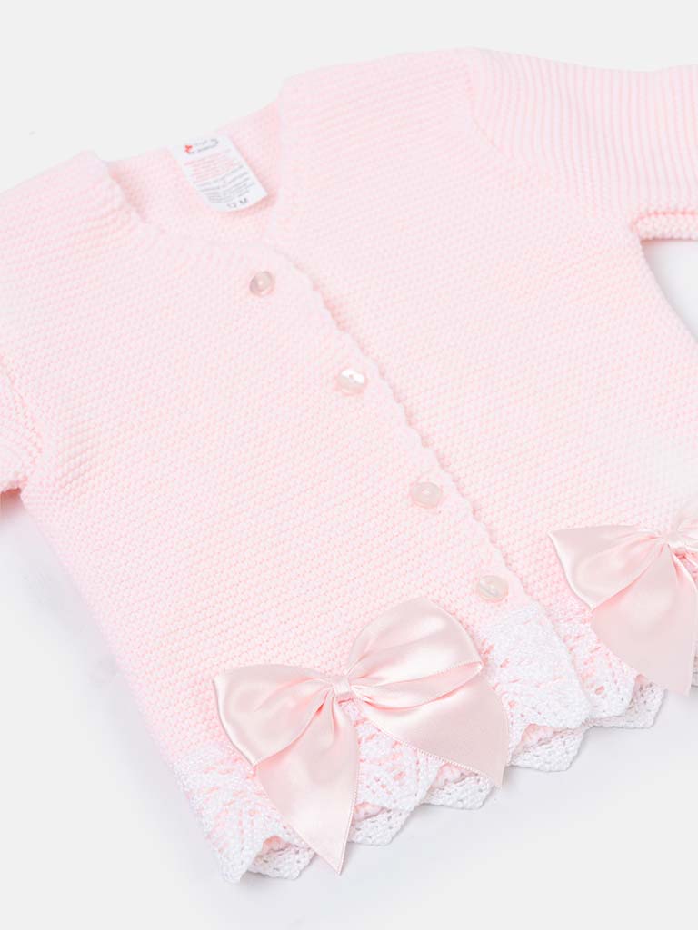Baby Girl Cardigan with Bows and Lace - Baby Pink