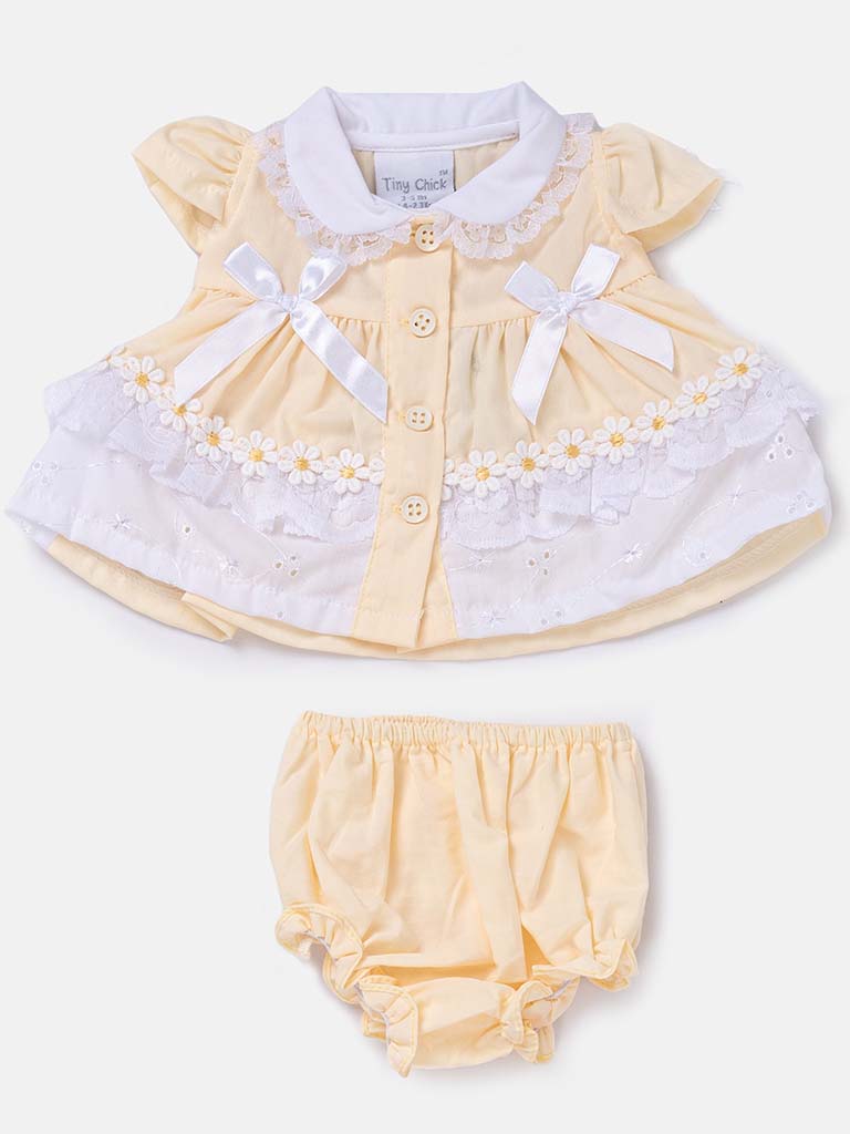 Tiny Baby Girl Daisy Dress with Bows and Lace - Yellow