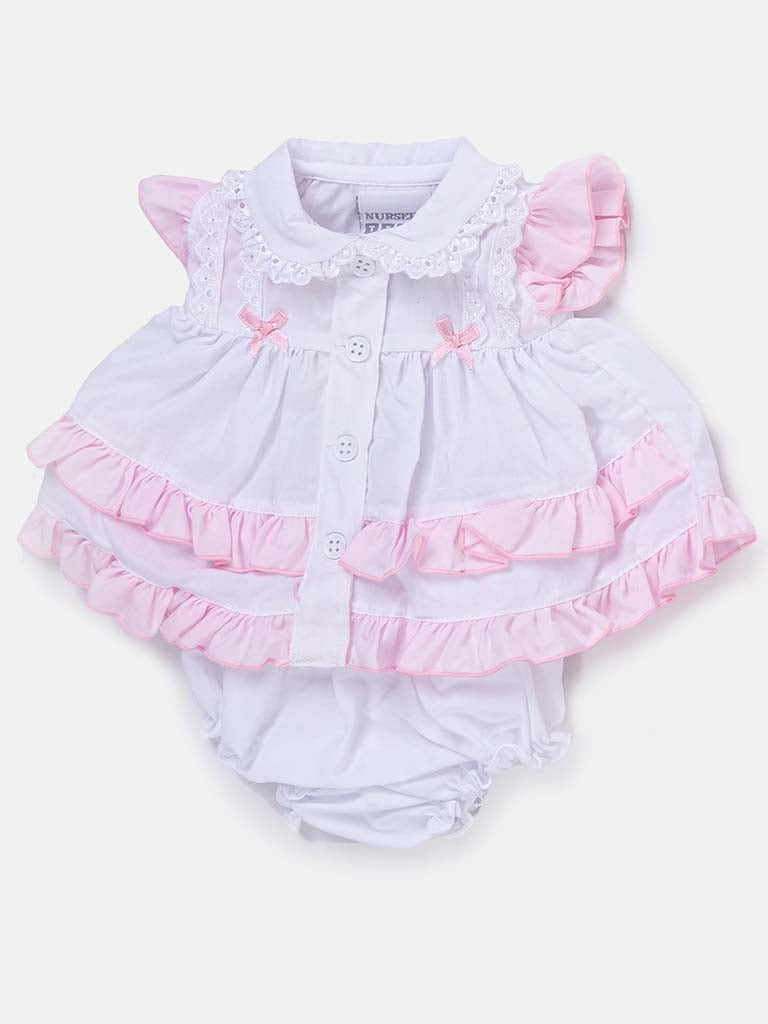 Tiny Baby Girl Bows and Ruffles Dress - White & Pink