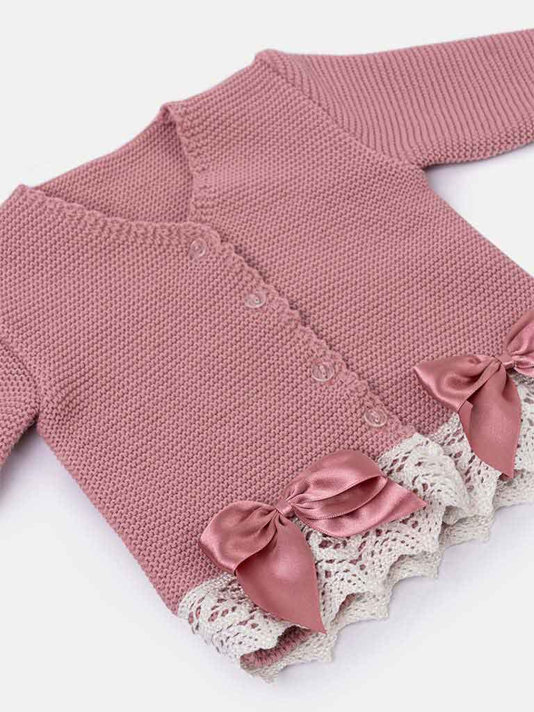 Baby Girl Cardigan with Bows and Lace - Dusty Pink