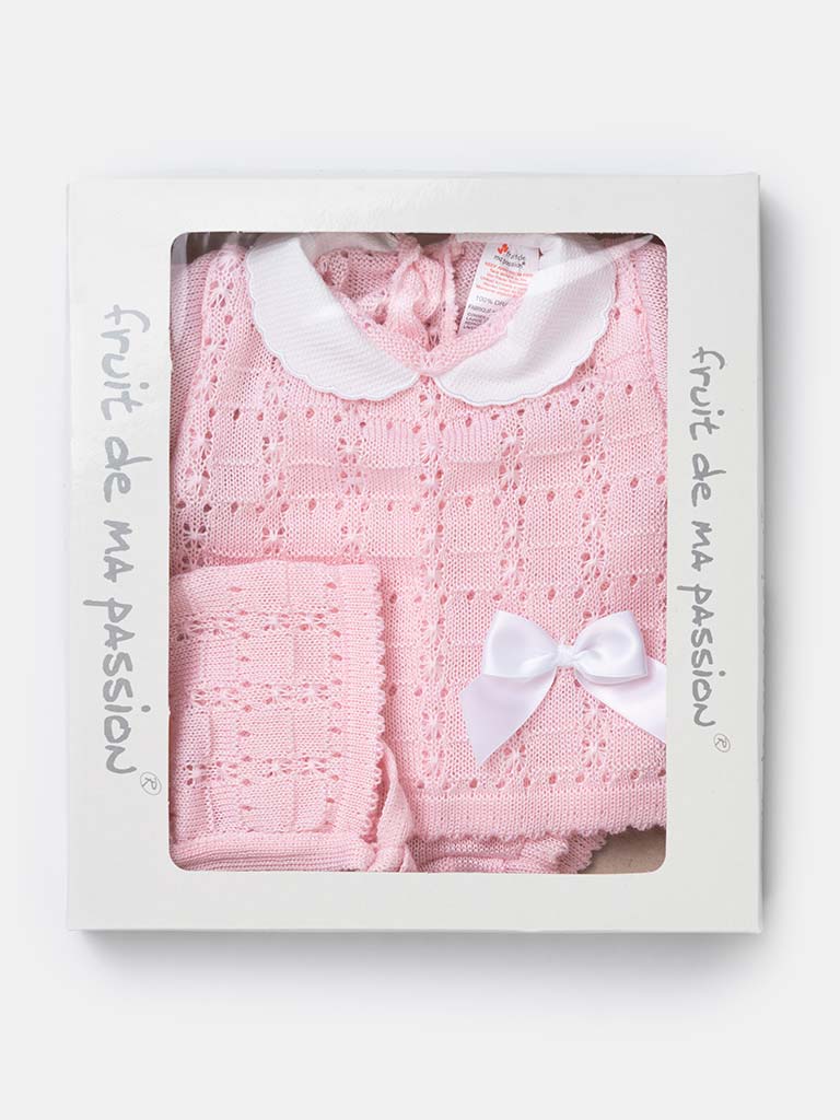 Baby Girl 3-piece Knitted Gift Box Set with Bow - Baby Pink