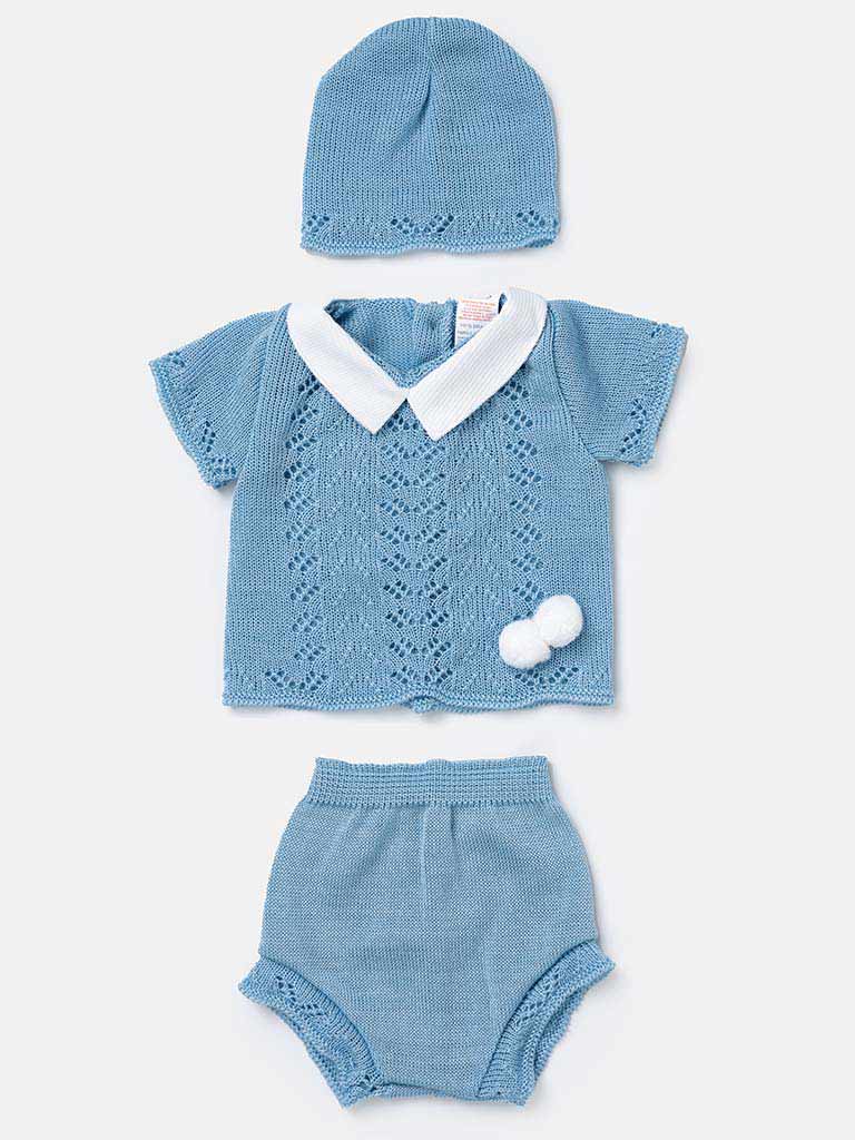 Baby Boy 3-piece Short Pom-pom Knitted Gift Box Set - Blue