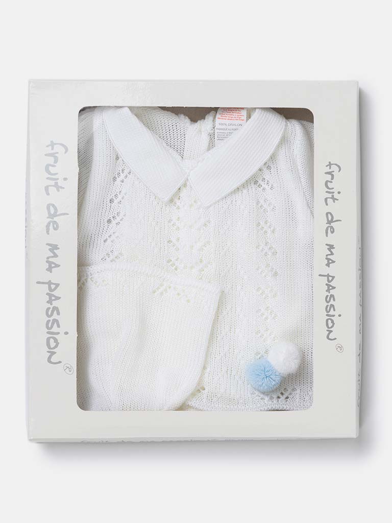 Baby Boy 3-piece Pom-pom Knitted Gift Box Set -White