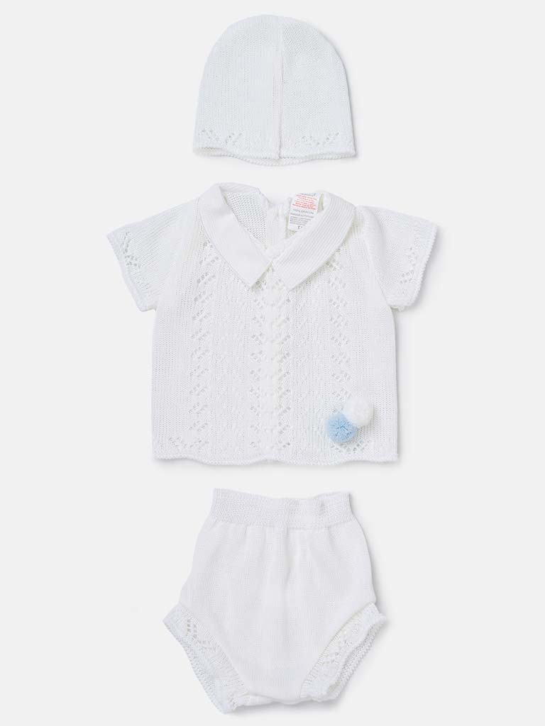 Baby Boy 3-piece Short Pom-pom Knitted Gift Box Set - White
