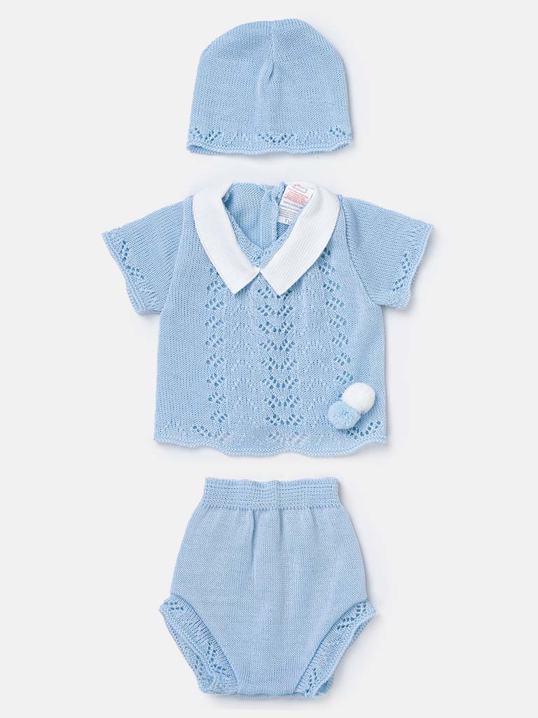 Baby Boy 3-piece Short Pom-pom Knitted Gift Box Set - Baby Blue