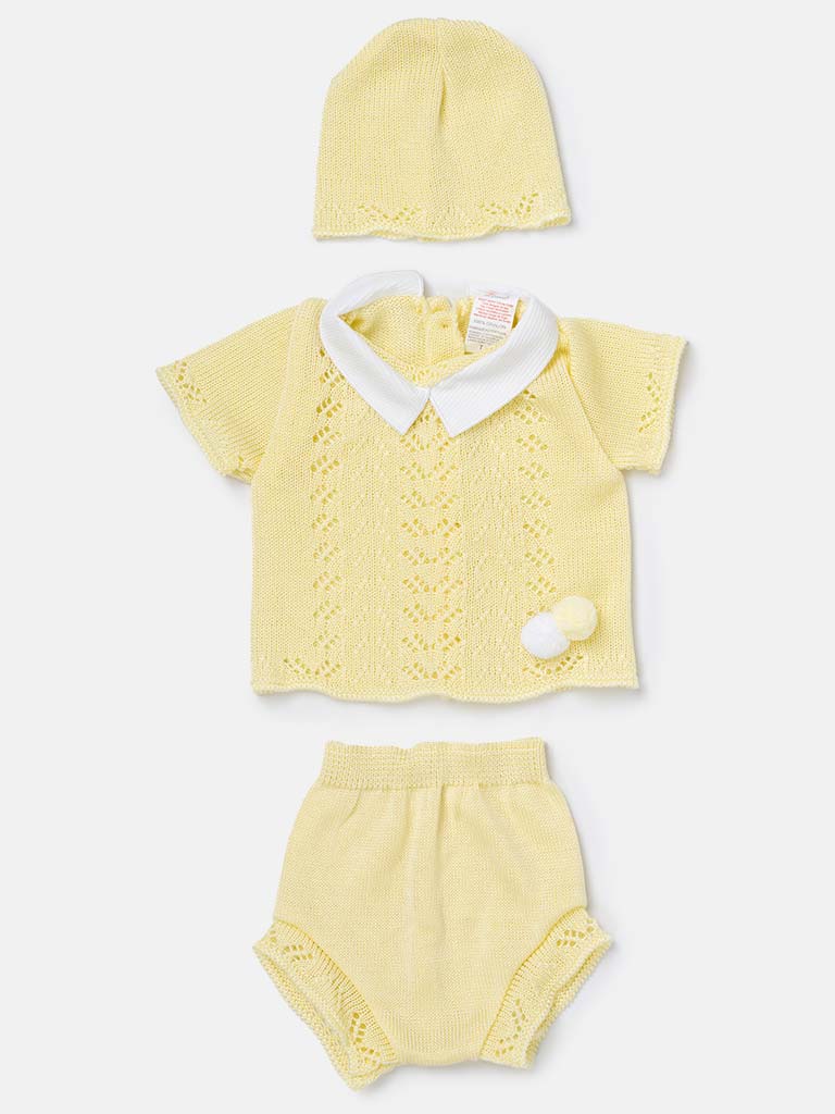 Baby Boy 3-piece Short Pom-pom Knitted Gift Box Set - Lemon Yellow
