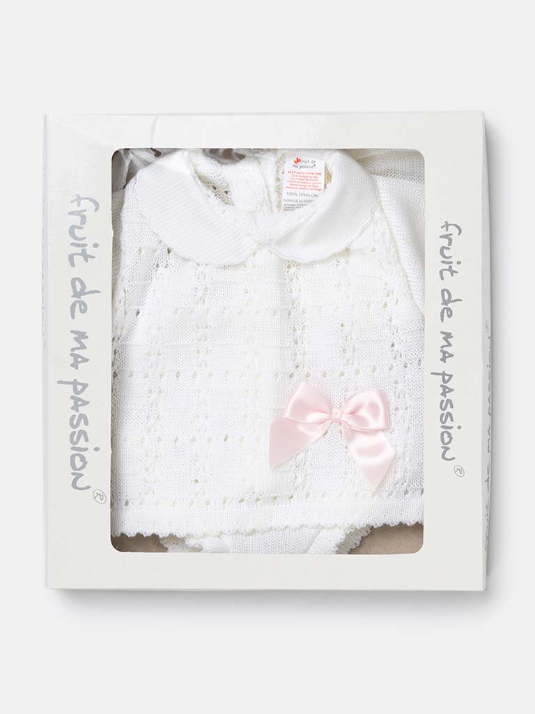 Baby Girl 3-piece Knitted Gift Box Set with Bow-White