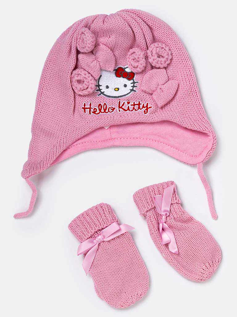Hello Kitty Baby Girl Knitted Hat & Mittens Set-Dusty Pink