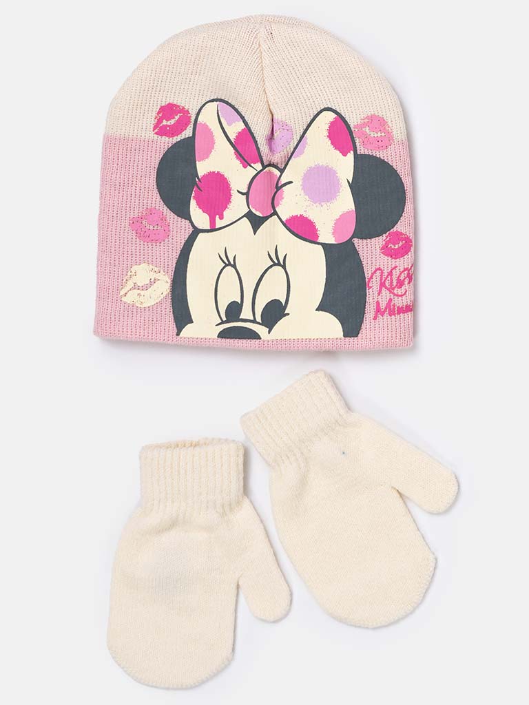 Minnie Mouse Baby Girl Knitted Hat & Mittens Set-Pink & Ivory