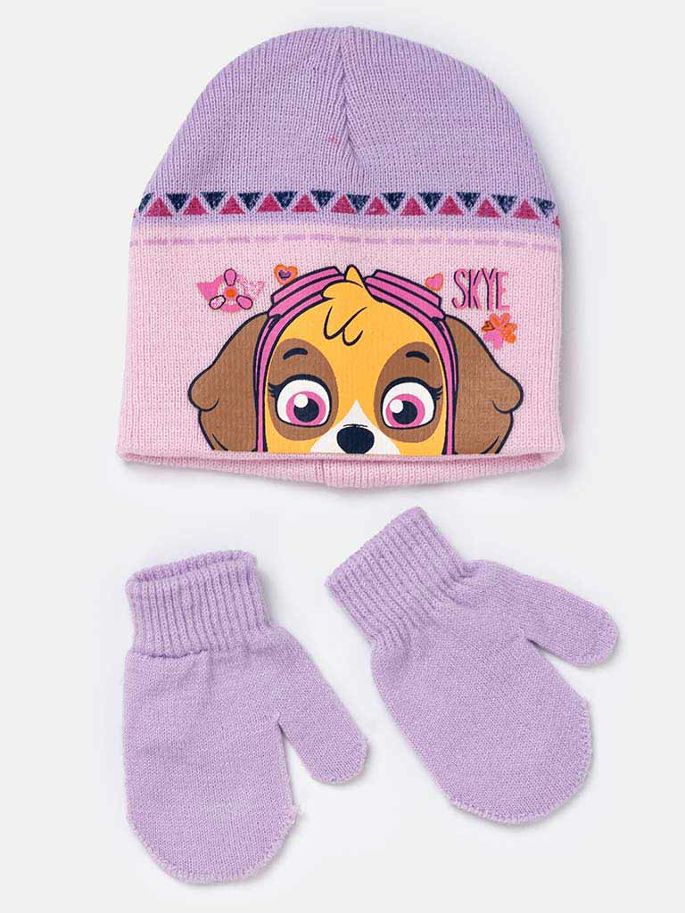 Paw Patrol "Skye" Baby Girl Knitted Hat & Mittens Set-Lilac