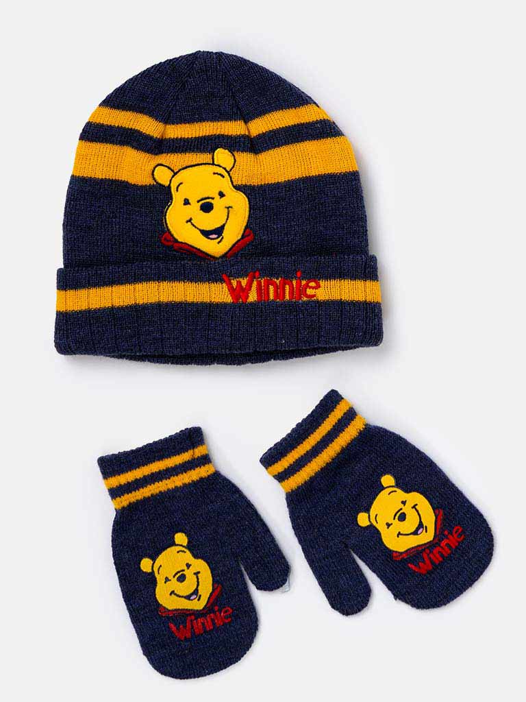 Winnie the Pooh Baby Boy Knitted Hat & Mittens Set-Navy Blue