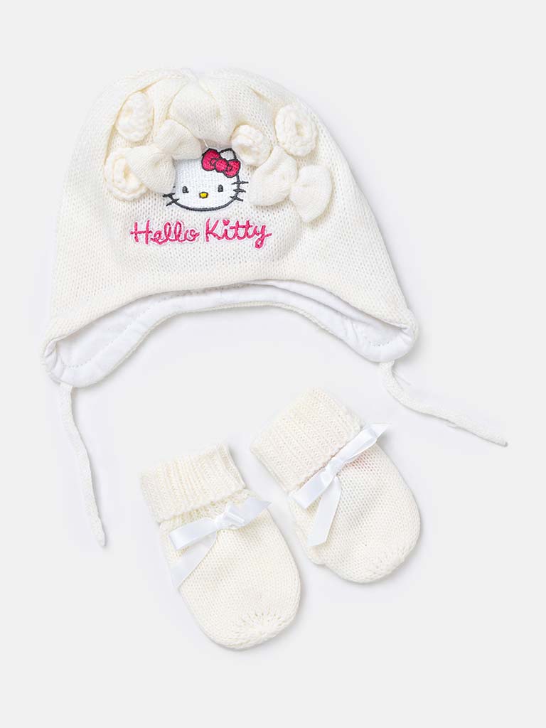 Hello Kitty Baby Girl Knitted Hat & Mittens Set-Ivory White