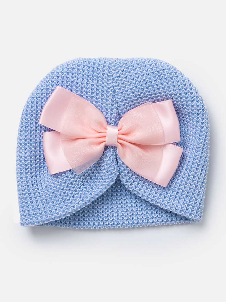 Baby Girl Pink Bows Beanie Knitted Hat - Blue