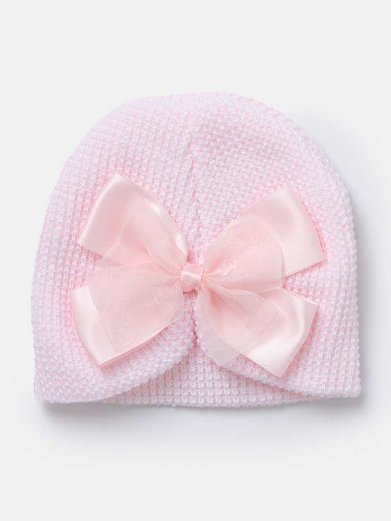 Baby Girl Pink Bows Beanie Knitted Hat - Baby Pink