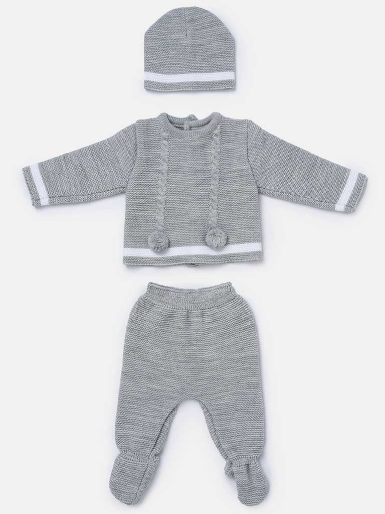 Baby Boy 3-piece Chain Pom-pom Knitted Gift Box Set - Grey