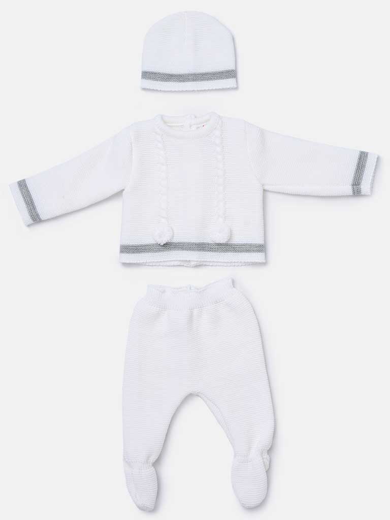 Baby Boy 3-piece Chain Pom-pom Knitted Gift Box Set - White