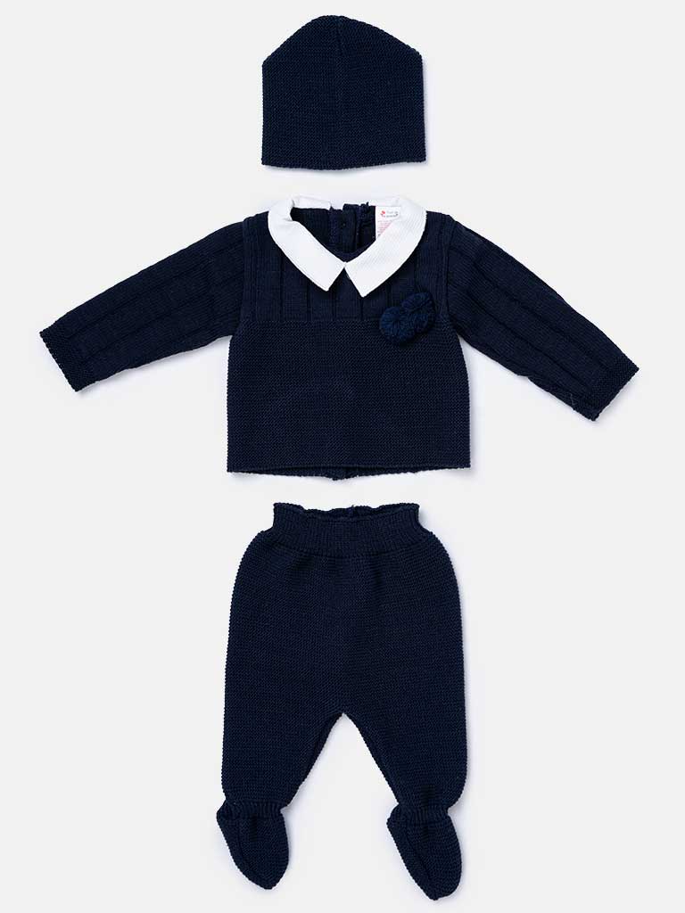 Baby Boy 3-piece Dual Pom-pom Knitted Gift Box Set - Navy Blue