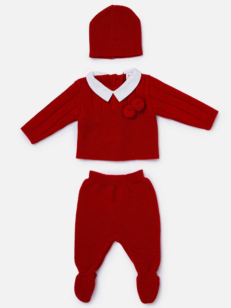 Baby Boy 3-piece Dual Pom-pom Knitted Gift Box Set - Red