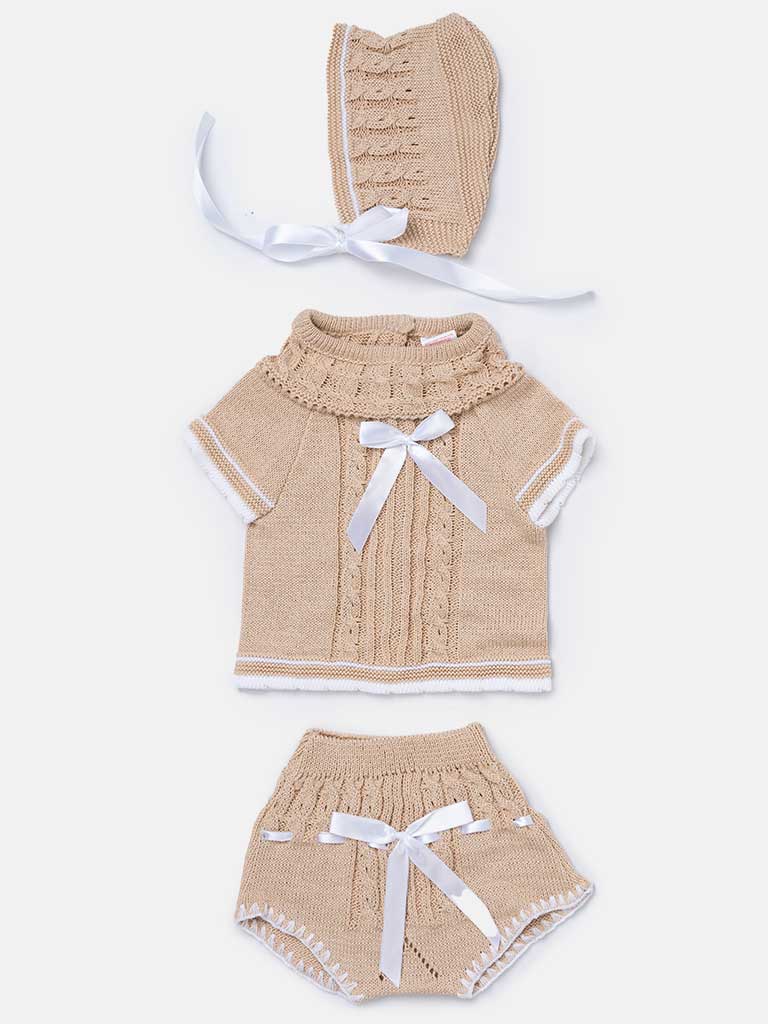 Baby Girl 3-piece Ribbon Knitted Gift Box Set - Beige