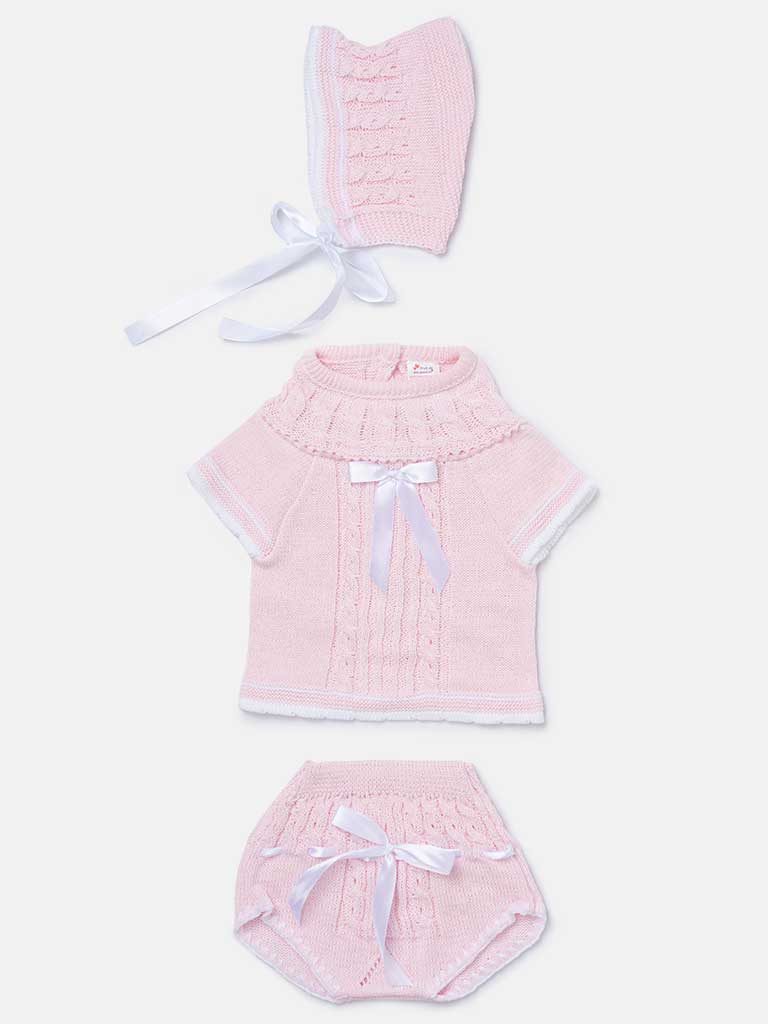 Baby Girl 3-piece Ribbon Knitted Gift Box Set - Baby Pink