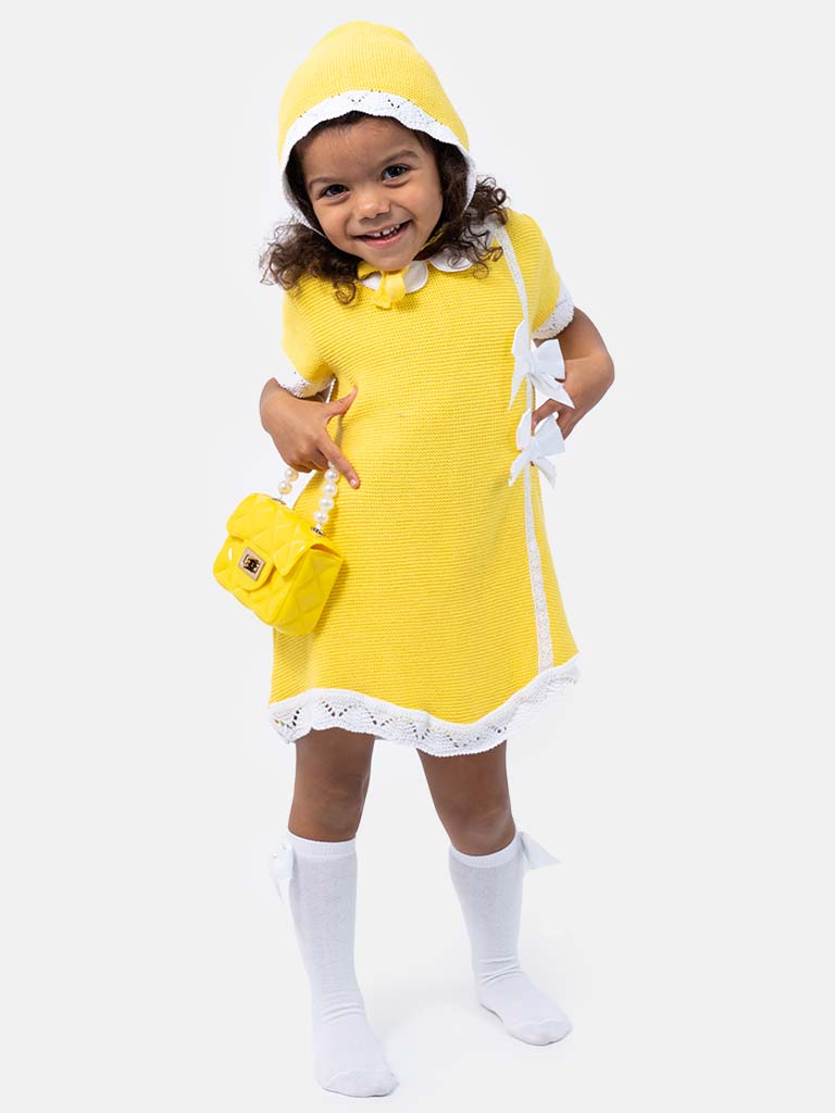 Baby Girl Paloma Collection Knitted Spanish Dress & Bonnet Set-Yellow