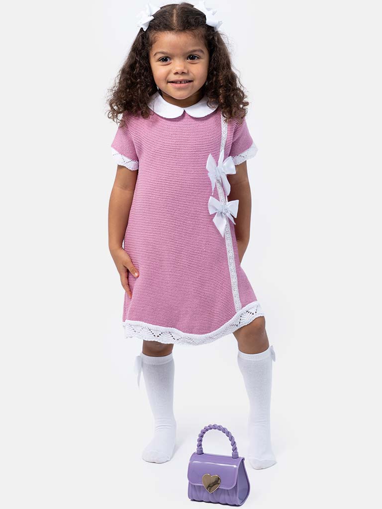 Baby Girl Paloma Collection Knitted Spanish Dress & Bonnet Set - Lilac Pink