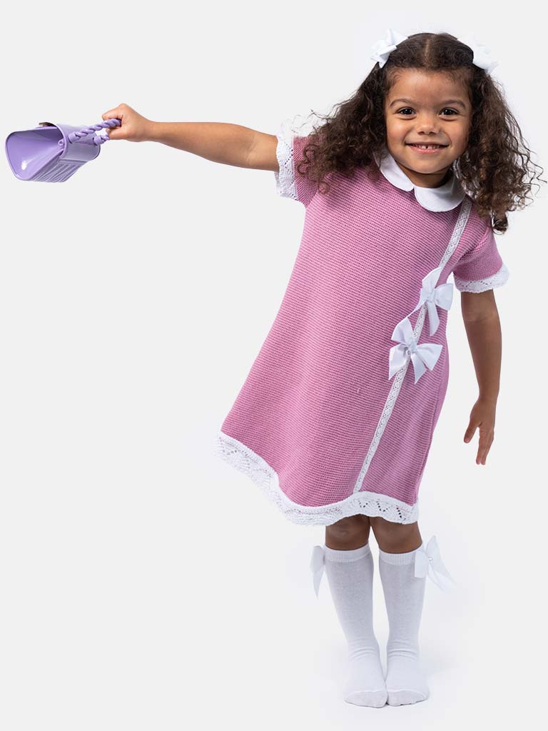 Baby Girl Paloma Collection Knitted Spanish Dress & Bonnet Set - Lilac Pink