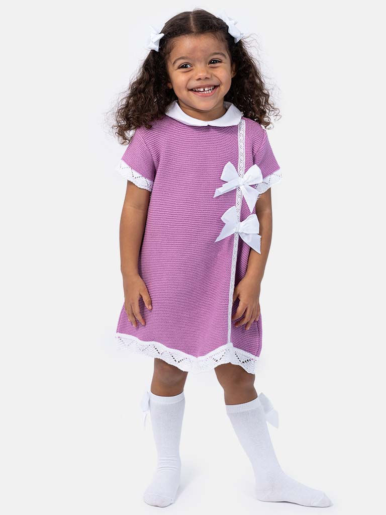 Baby Girl Paloma Collection Knitted Spanish Dress & Bonnet Set - Purple