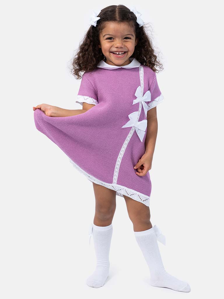 Baby Girl Paloma Collection Knitted Spanish Dress & Bonnet Set - Purple