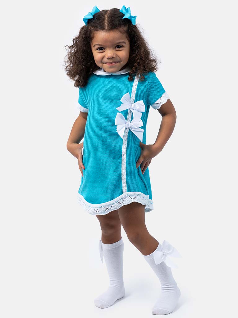 Baby Girl Paloma Collection Knitted Spanish Dress & Bonnet Set - Marine Blue