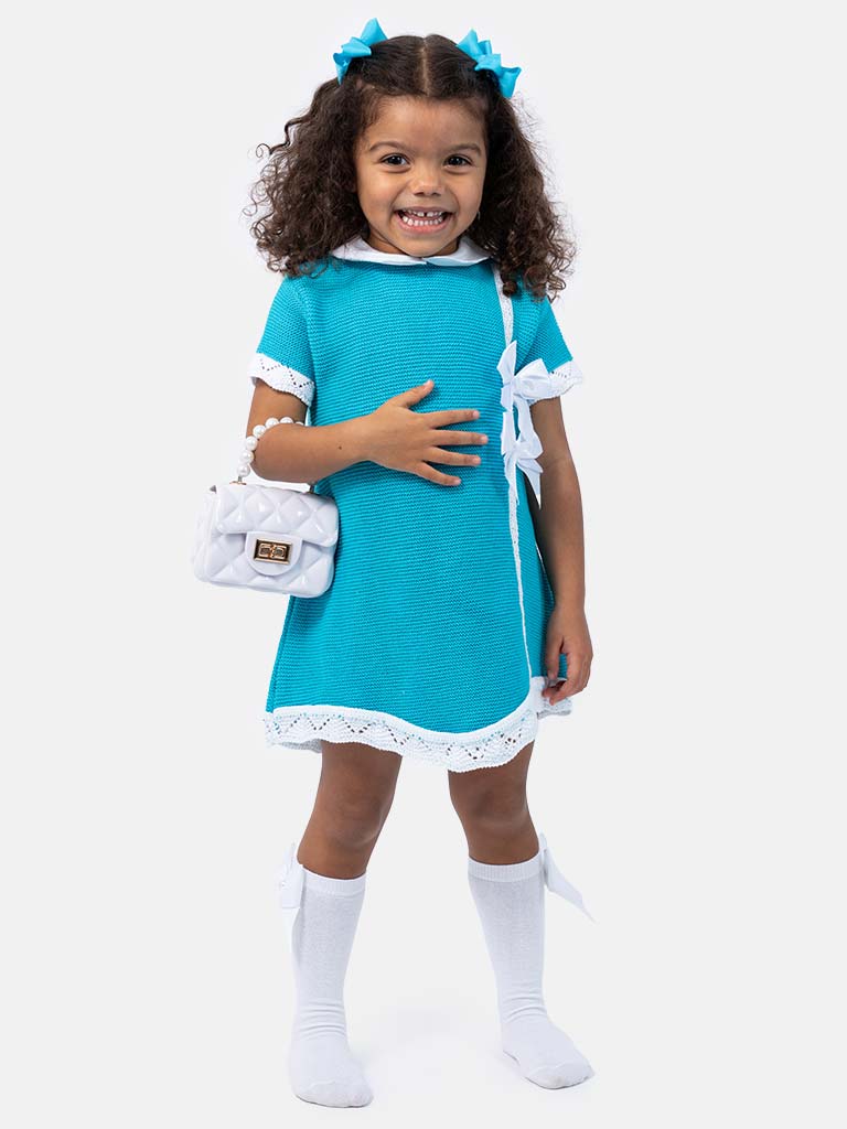 Baby Girl Paloma Collection Knitted Spanish Dress & Bonnet Set-Marine Blue