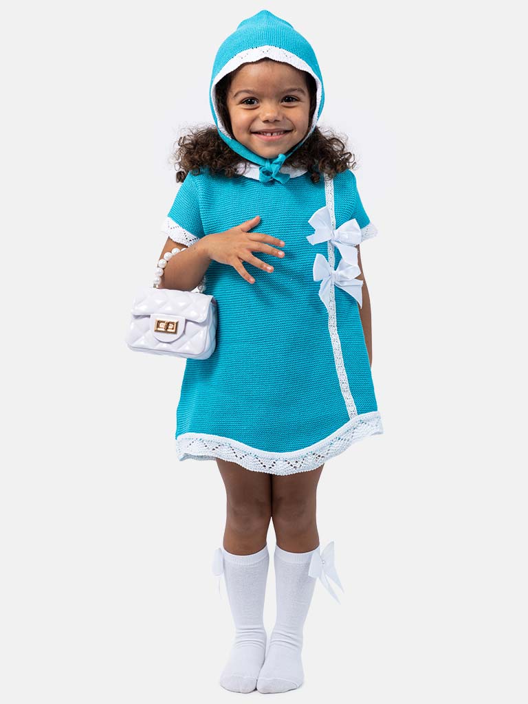 Baby Girl Paloma Collection Knitted Spanish Dress & Bonnet Set - Marine Blue