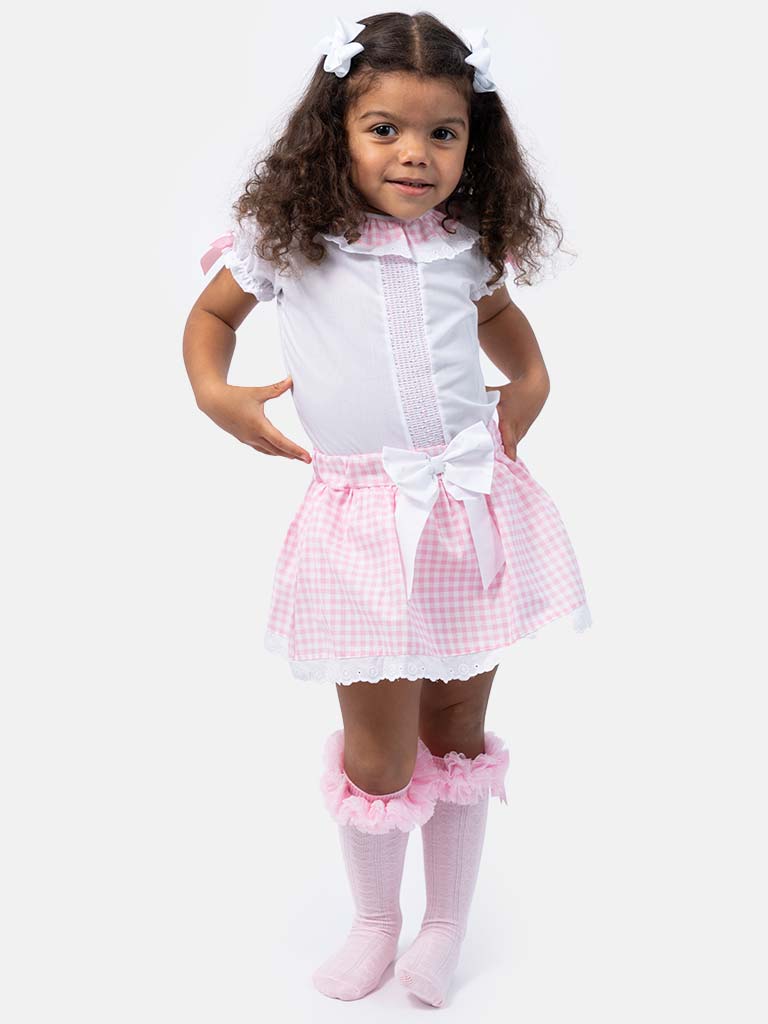 Baby Girl Leti Collection Spanish Checked Romper Set - Baby Pink