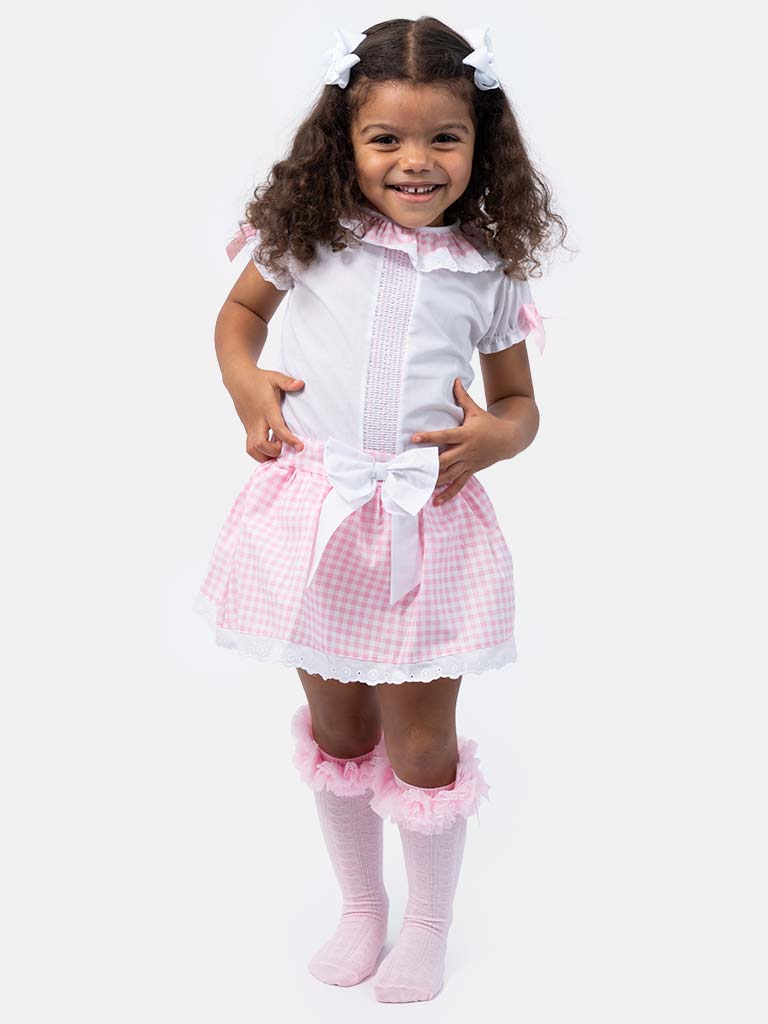 Baby Girl Leti Collection Spanish Checked Romper Set - Baby Pink