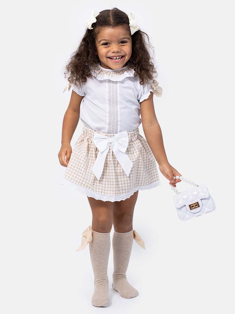 Baby Girl Leti Collection Spanish Checked Romper Set - Beige