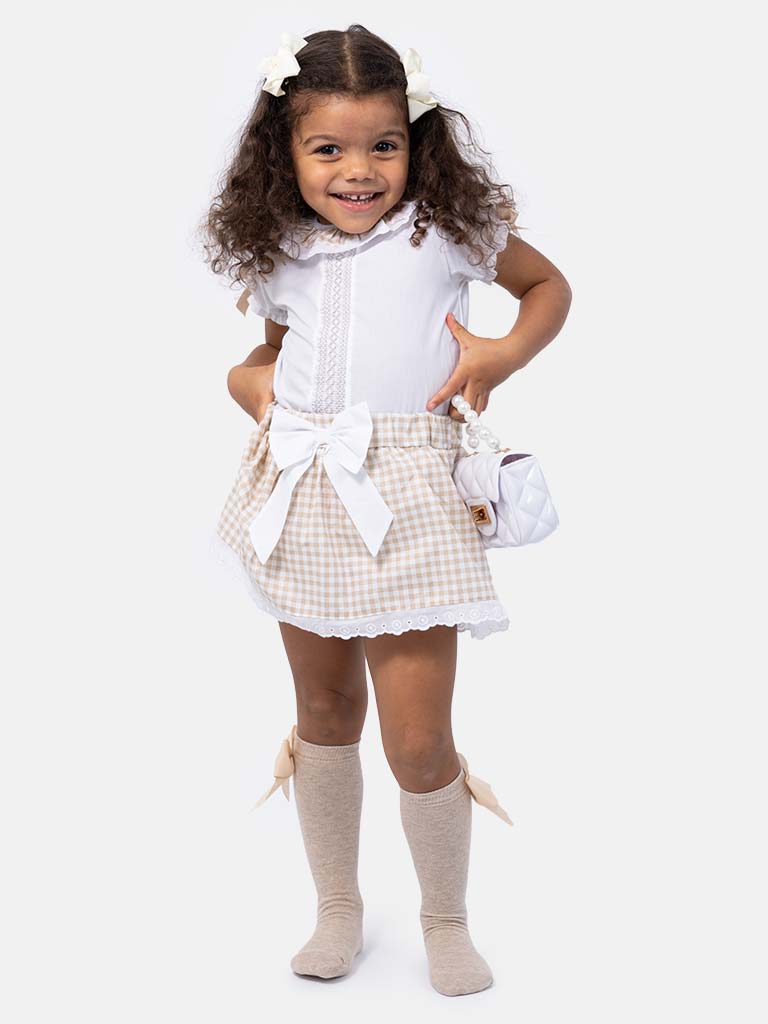 Baby Girl Leti Collection Spanish Checked Romper Set - Beige