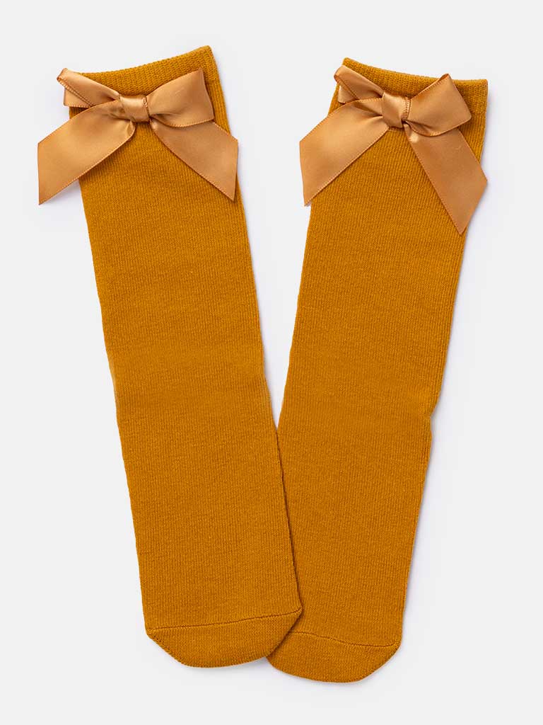 Baby Girl Adorable Knee Socks with Satin Bow-Mustard