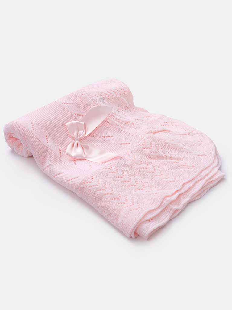 Baby Spanish Luxury Knitted Shawl with Bow- Baby Pink