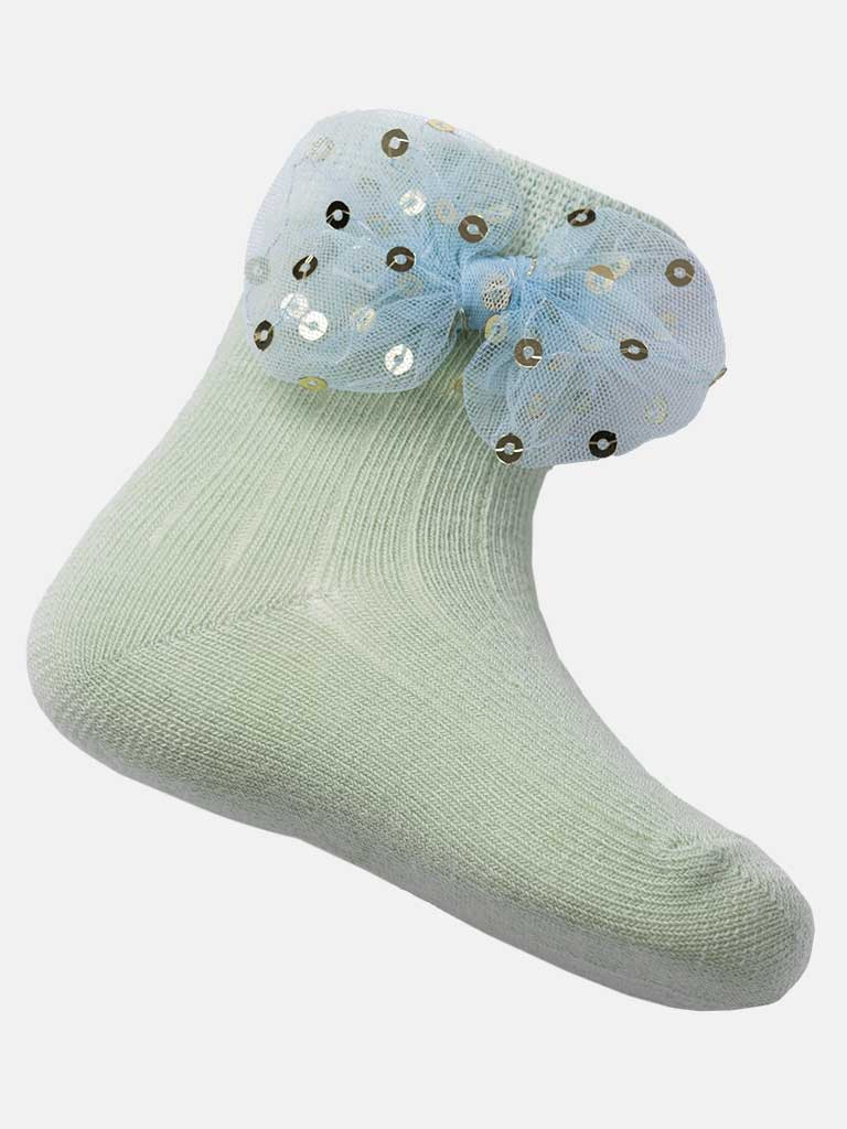 Baby Girl Sequin Bow Lace Trim Ankle Socks - Mint Green