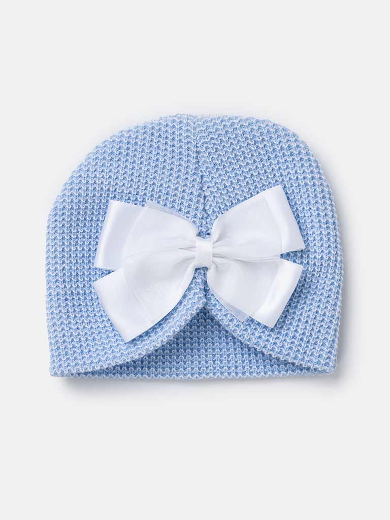 Baby Girl White Bows Beanie Knitted Hat - Blue