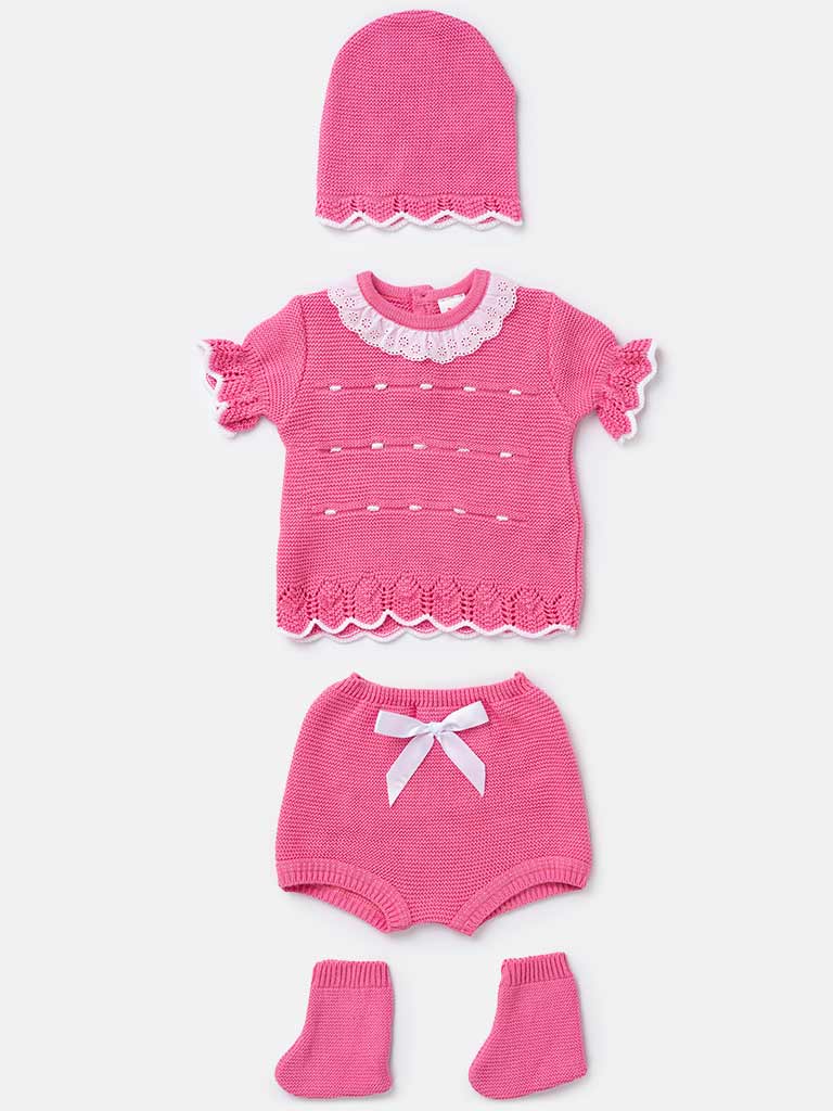 Baby Girl Julia Collection 4-piece Spanish Knitted Set - Bright Pink