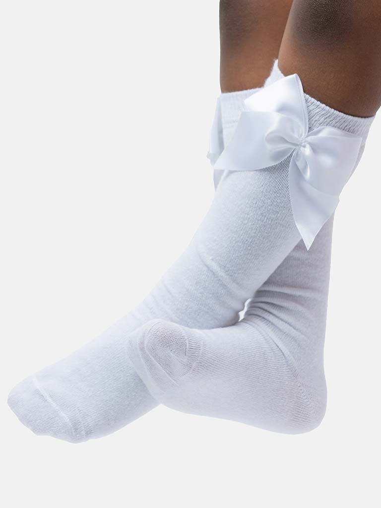 Baby Girl Vibrant Big Satin Bow Knee Socks - White