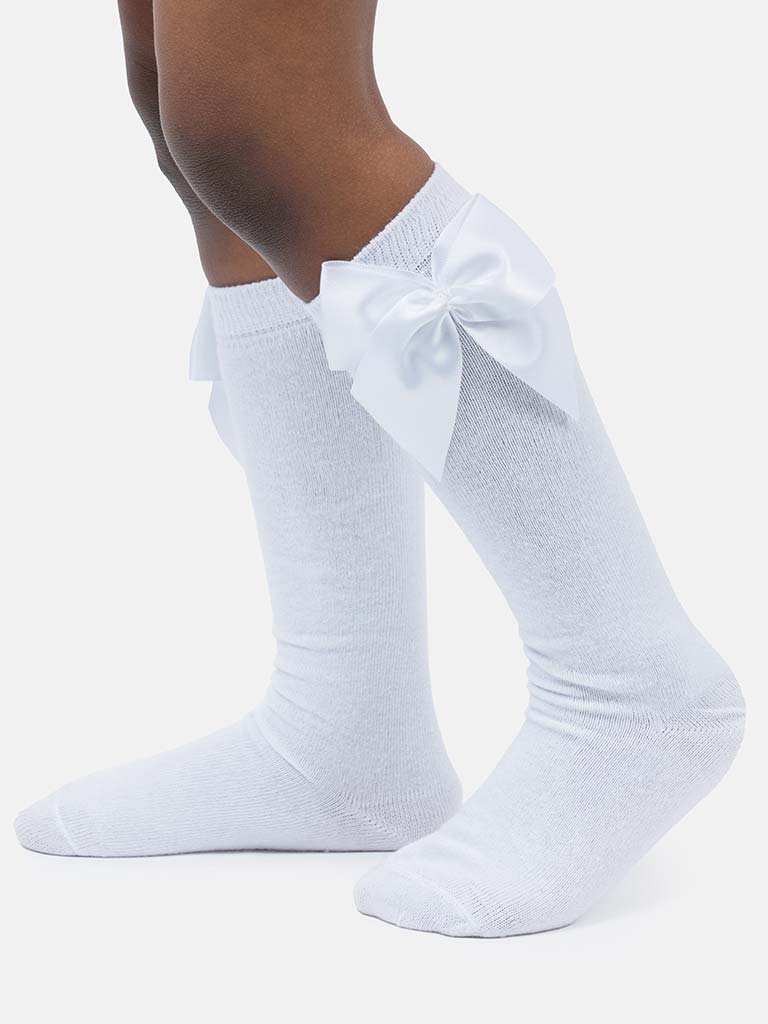 Baby Girl Vibrant Big Satin Bow Knee Socks-White