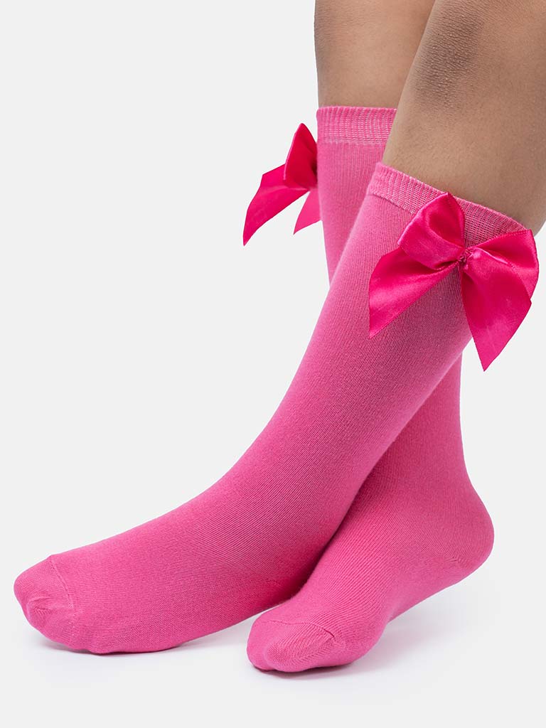 Baby Girl Vibrant Big Satin Bow Knee Socks-Fuchsia Pink