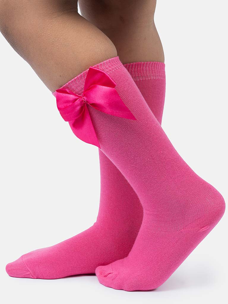Baby Girl Vibrant Big Satin Bow Knee Socks-Fuchsia Pink