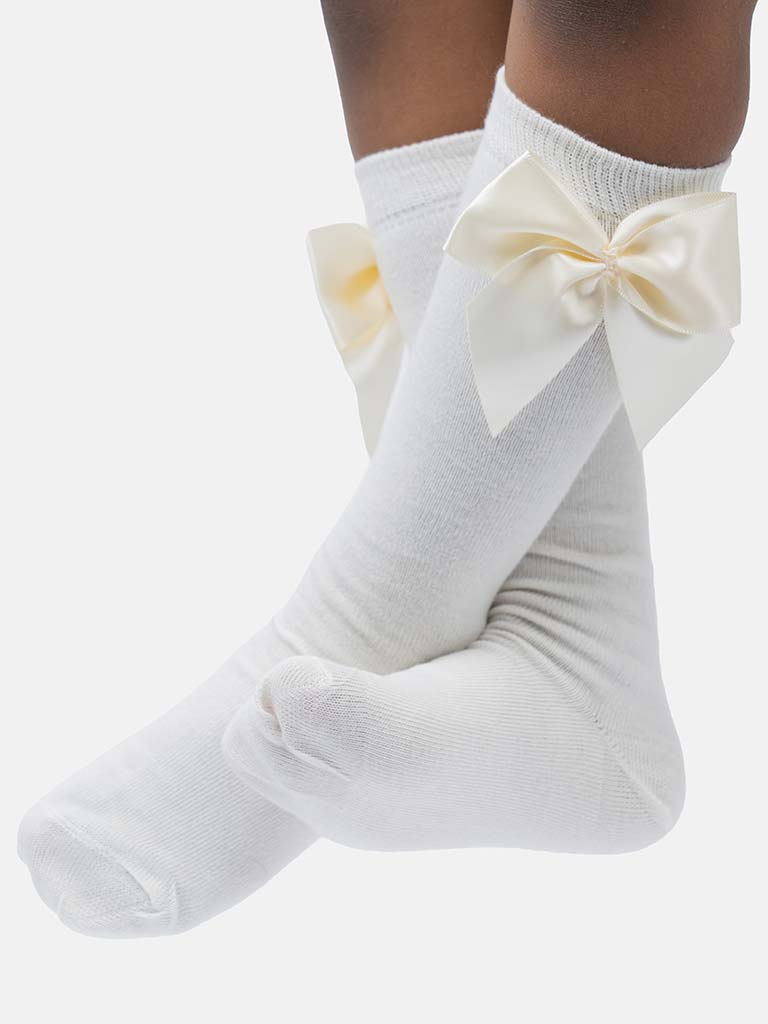 Baby Girl Vibrant Big Satin Bow Knee Socks-Cream/Ivory