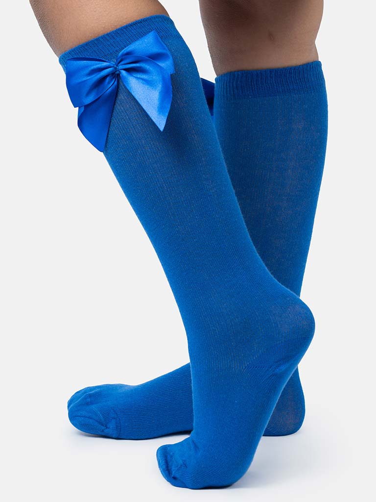 Baby Girl Vibrant Big Satin Bow Knee Socks - Royal Blue