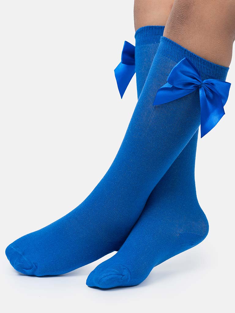 Baby Girl Vibrant Big Satin Bow Knee Socks - Royal Blue