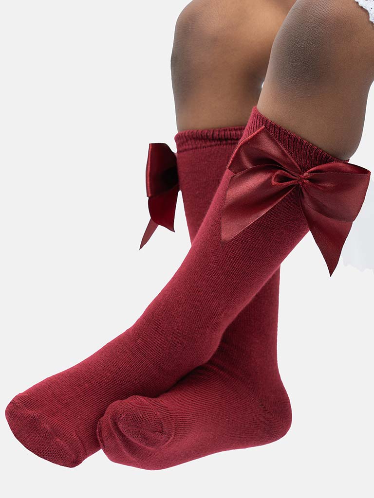 Baby Girl Vibrant Big Satin Bow Knee Socks - Burgundy