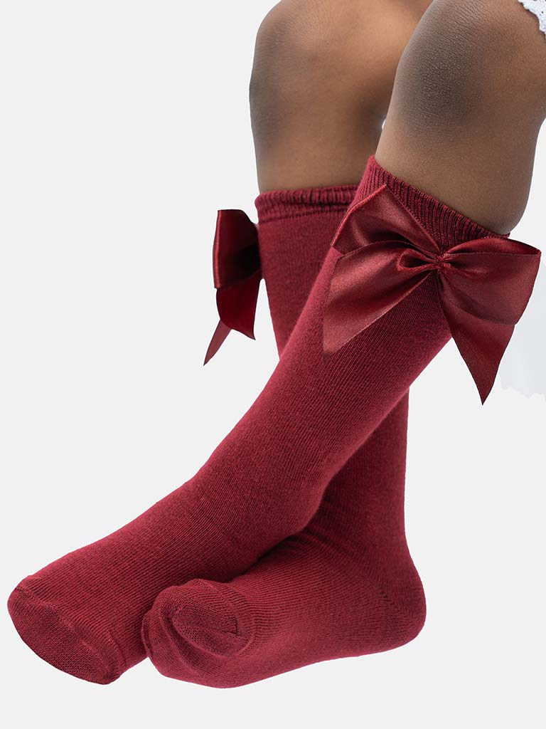 Baby Girl Vibrant Big Satin Bow Knee Socks-Burgundy
